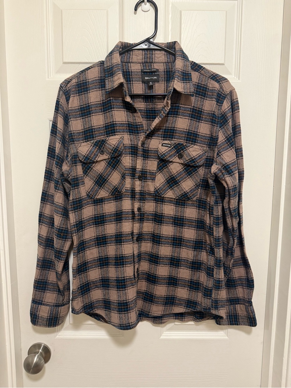 Brixton Beige and Navy Plaid Button-Down Flannel Shirt Men’s Small